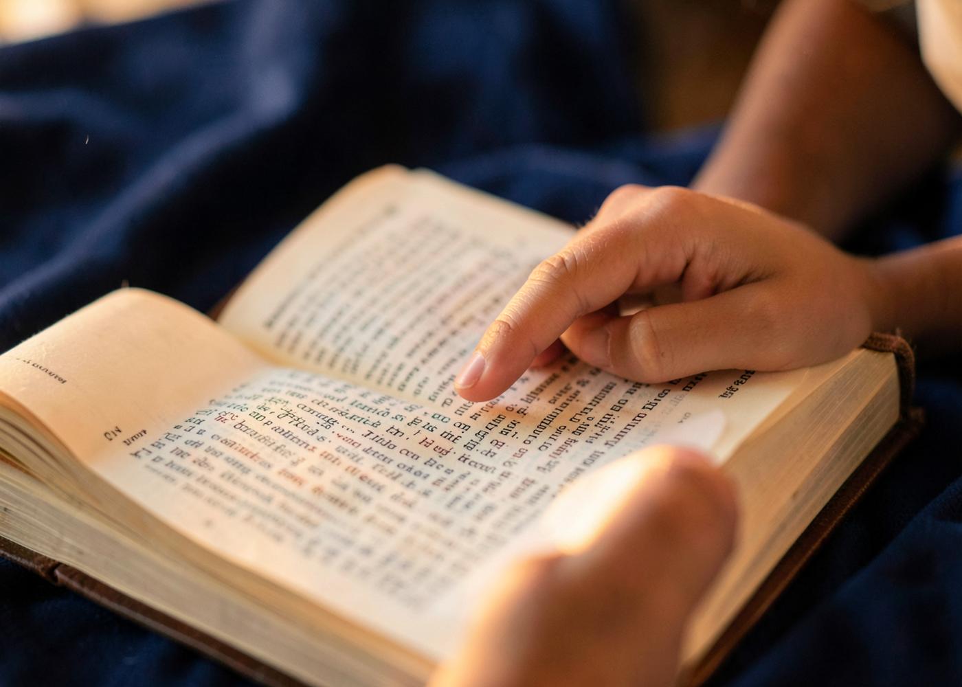 A child's hands tracing a verse in an open Bible